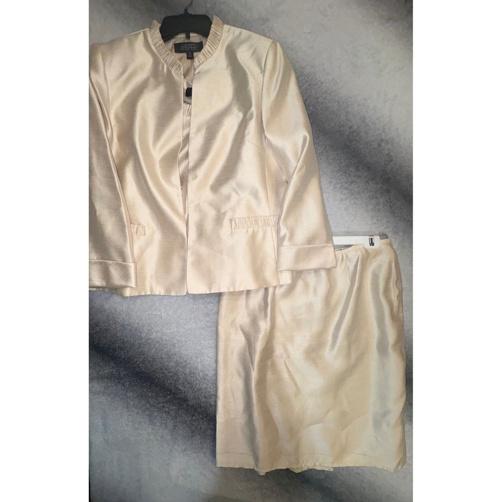 Kasper Womens 16 3 Piece Skirt Suit Set Cream Ivory Gather Neck Jacket Top Skirt